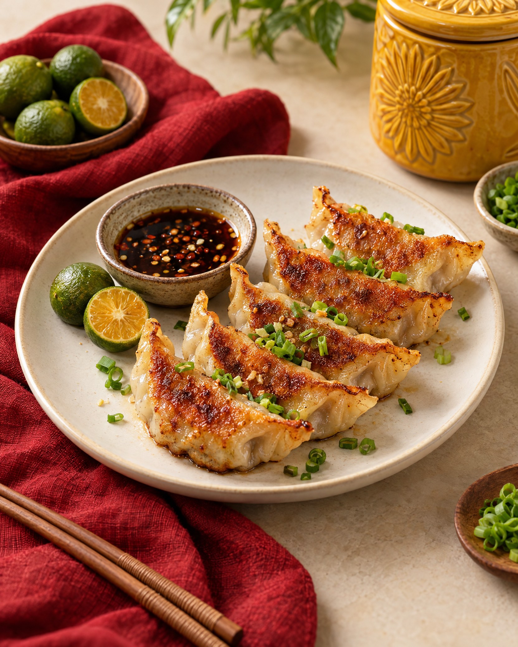 Golden gyoza with dipping sauce, calamansi, and scallions