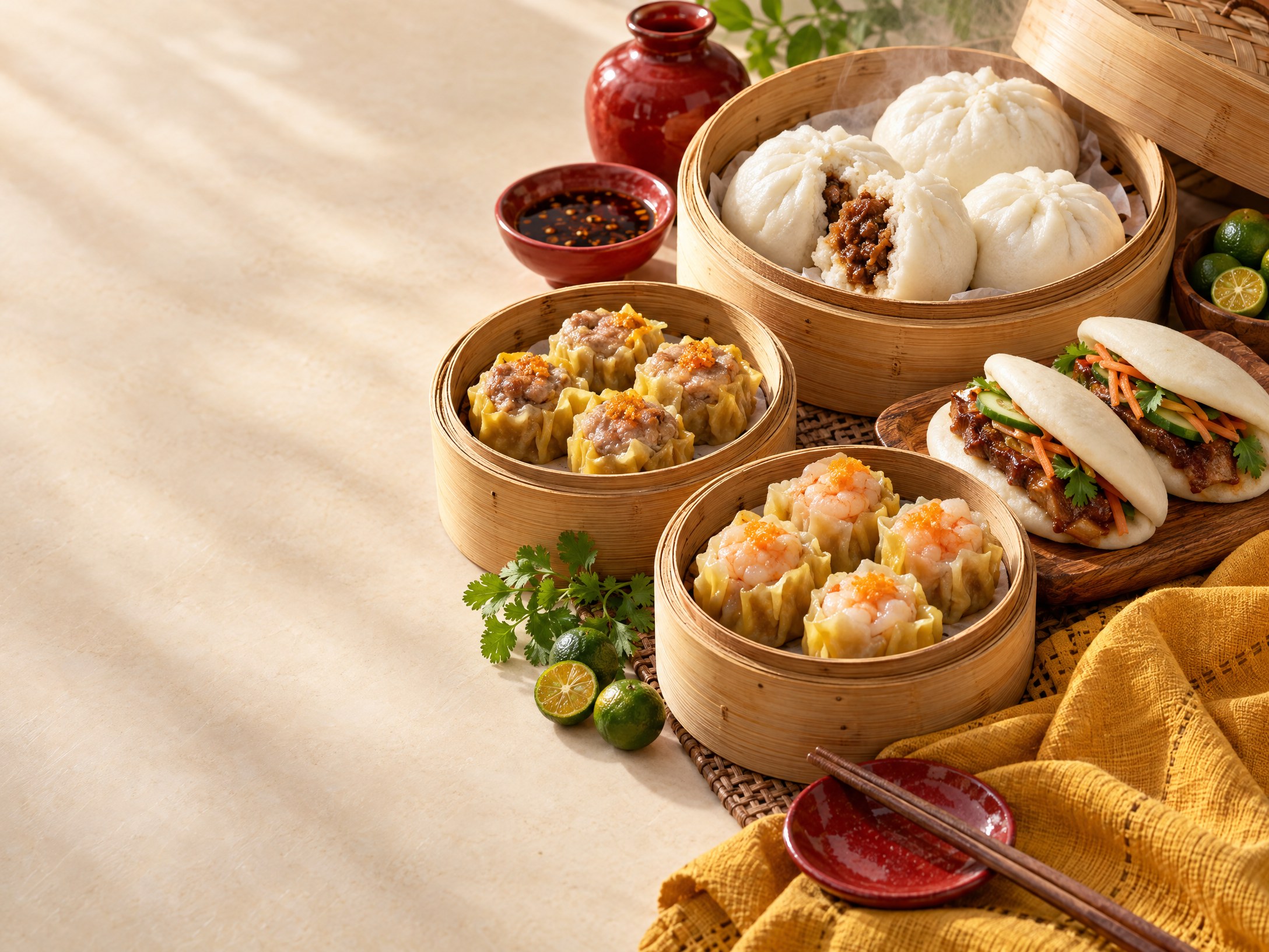 Steamed Pao Express-style dimsum arranged for sharing